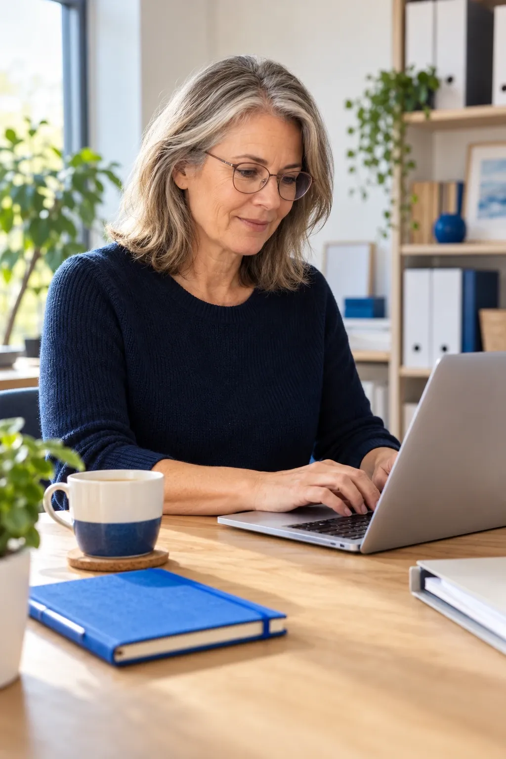 Eine Frau mit grauem Haar und Brille sitzt an einem hellen Holzschreibtisch und schreibt am Laptop. Daneben stehen eine Tasse Kaffee und ein blaues Notizbuch.