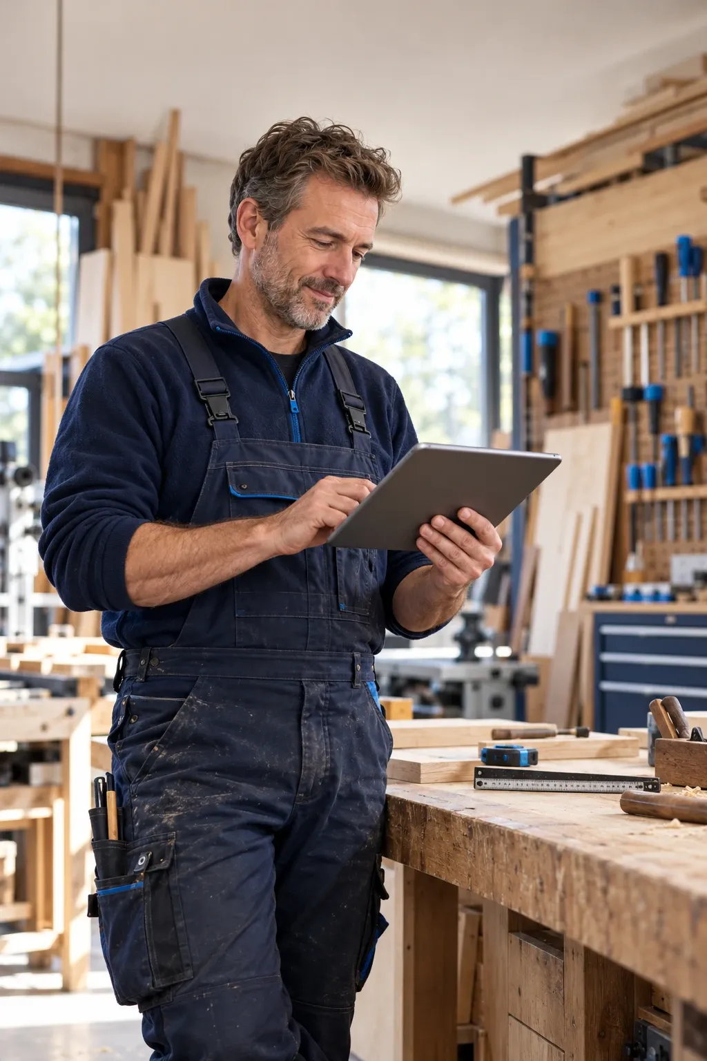 Ein Tischler in dunkelblauer Latzhose lehnt in seiner Werkstatt an der Hobelbank und schreibt auf einem Tablet eine Rechnung. Im Hintergrund hängen Werkzeuge an einer Lochwand.
